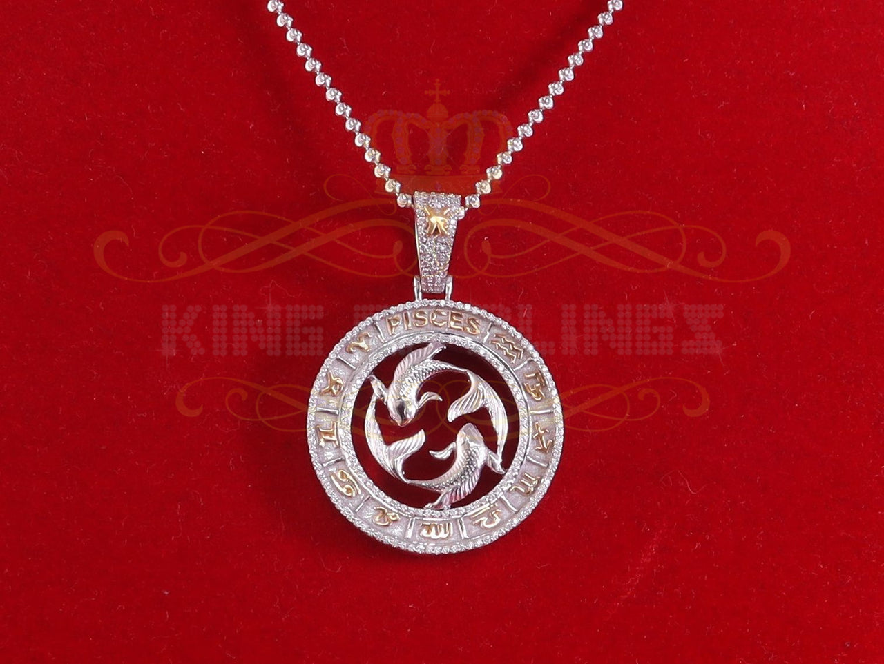 King Of Bling's Sterling White Silver PISCES Pendant For Men's & Women's 1.77ct Cubic Zirconia