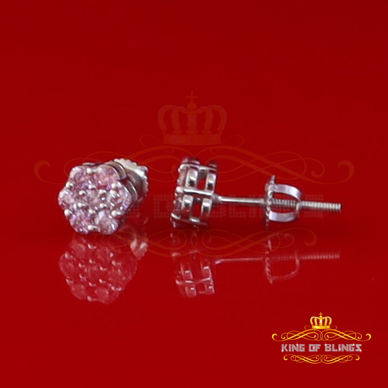 King of Bling's Mens/Womens 925 Silver White 0.50ct VVS 'D' Pink Moissanite Floral Stud Earrings