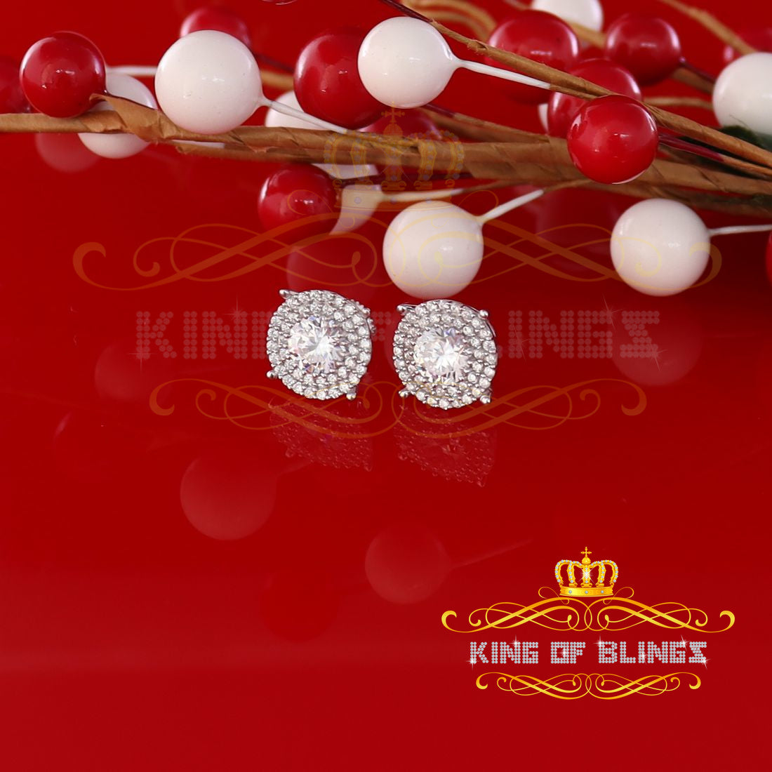 King of Blings- 925 White Sterling Silver 1.07ct Cubic Zirconia Women's Hip Hop Rounds Earrings KING OF BLINGS