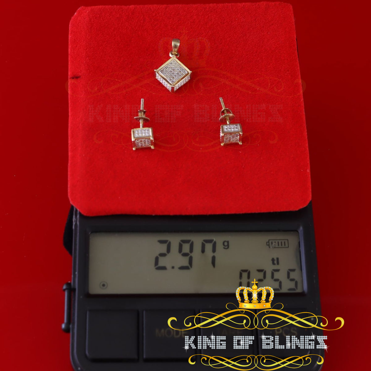 King of Bling's 925Yellow Silver 0.33CT Genuine Diamond Kite Shape Medallion Pendant&Earring Set King of Blings