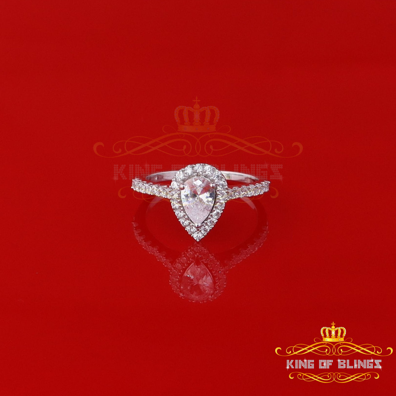 King Of Bling's1.72ct Cubic Zirconia White Silver Pear Cut Halo Wedding Womens Ring Size 7