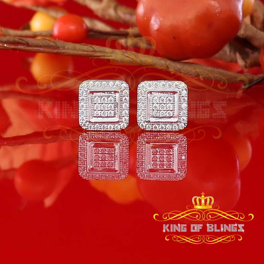 King of Bling's Aretes Para Hombre 925 White Silver Women 0.66ct Cubic Zirconia Square Earrings