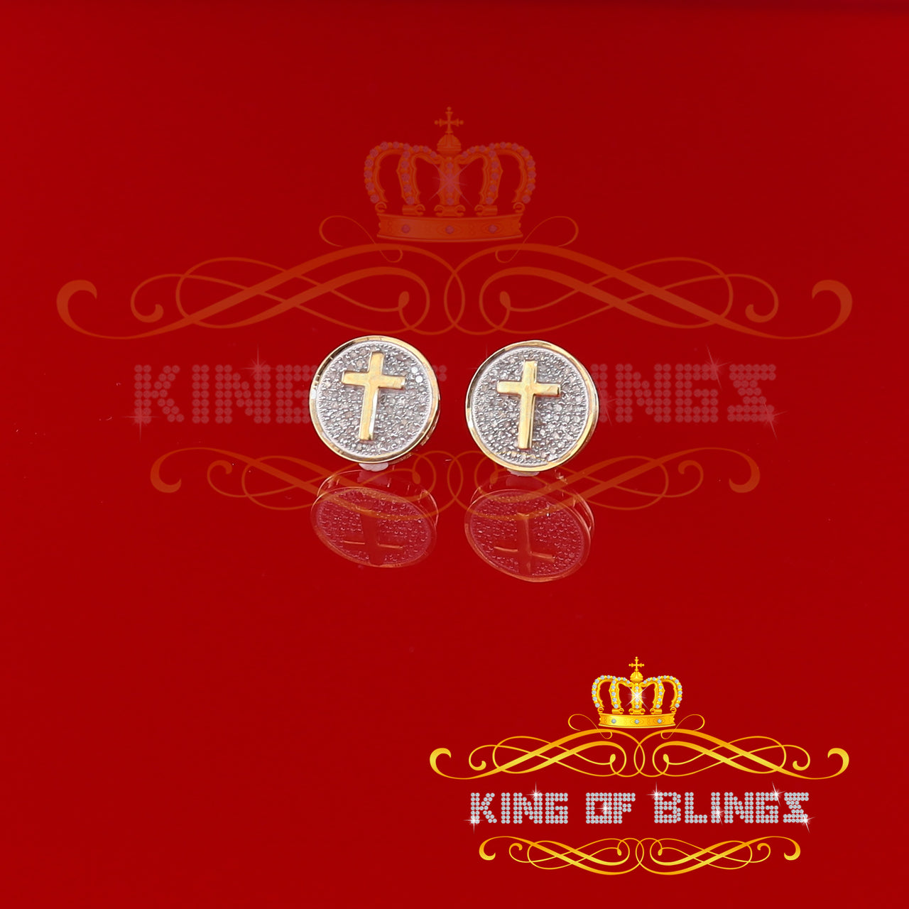 King of Blings-0.33ct Diamond 925 Sterling Silver Yellow Round Cross Earrings Men's / Women's
