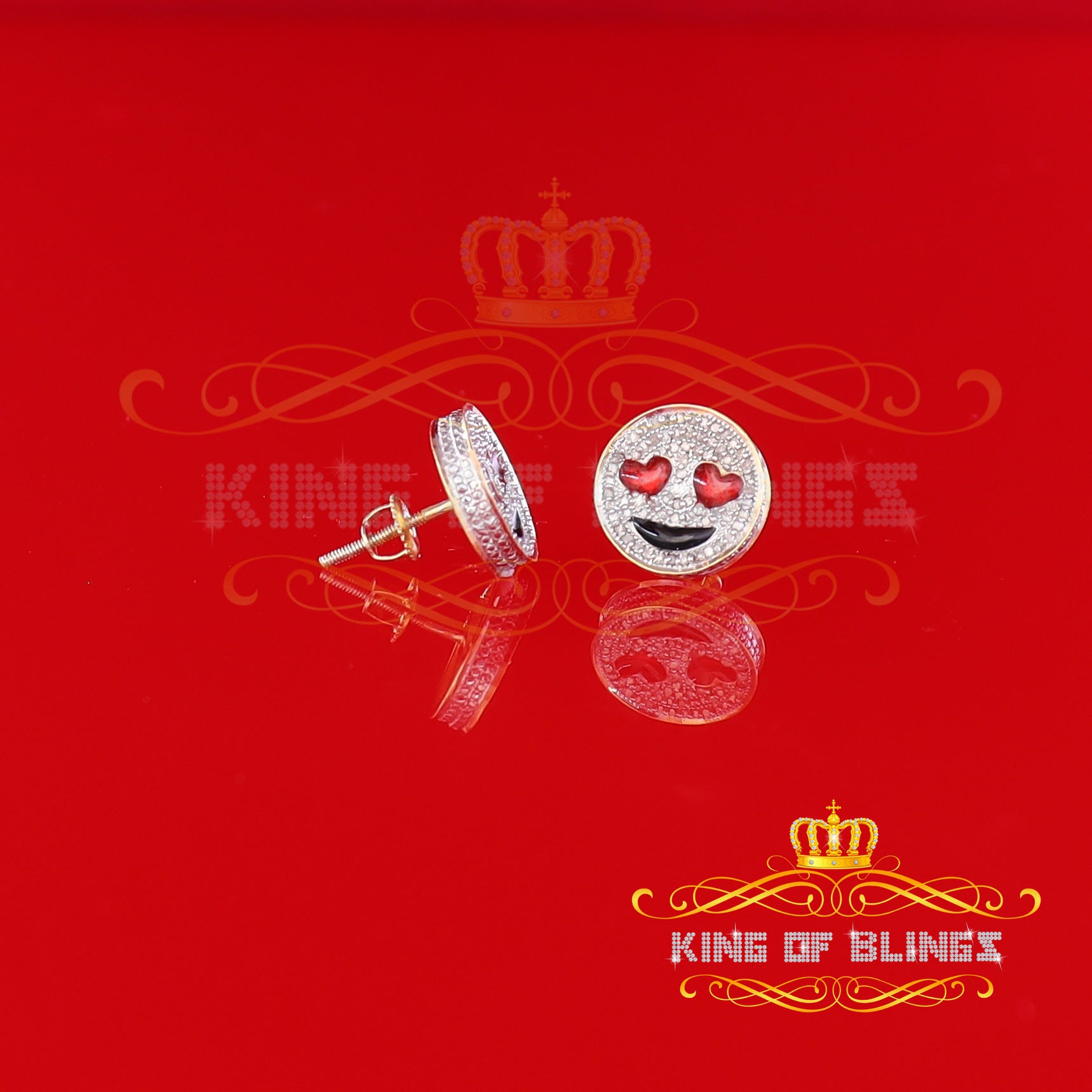 King of Blings-925 Sterling Yellow Silver 0.33ct Diamond Men's & Women's Love Emoji Earrings KING OF BLINGS
