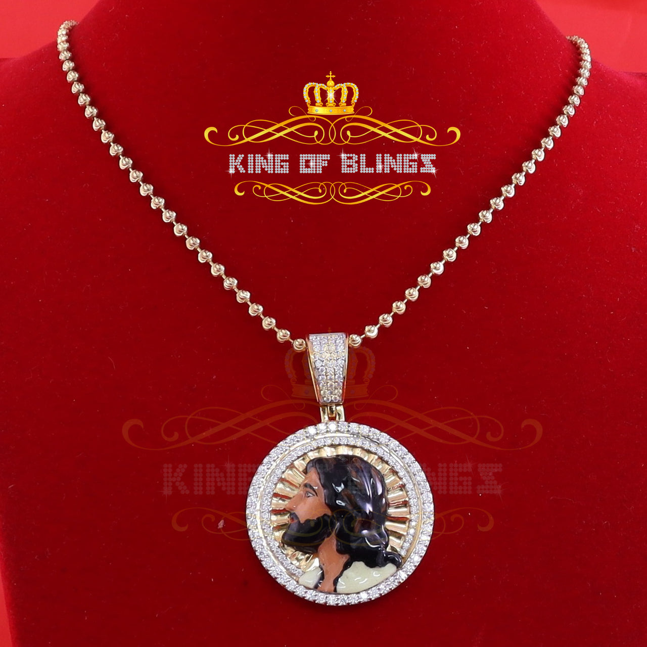 King Of Bling's 925 Sterling Silver JESUS Yellow Pendant 3.00ct Genuine Moissanite for He/She KING OF BLINGS