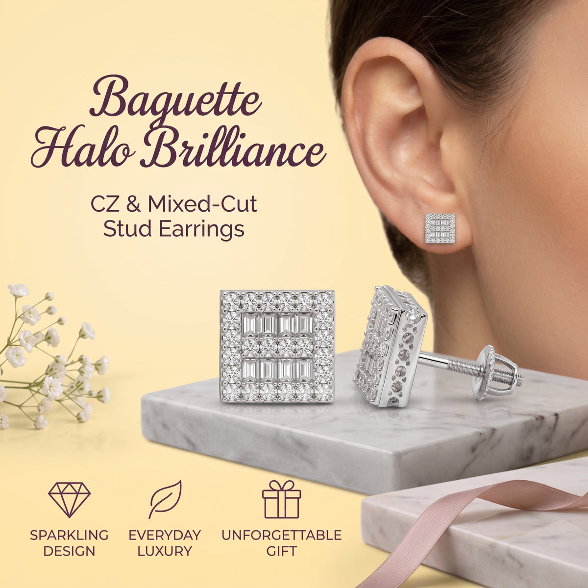 King of Bling's Aretes Para Hombre 925 White Silver 1.03ct Cubic Zirconia Square Women's Earring KING OF BLINGS