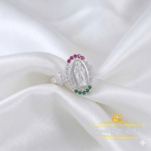 King Of Bling'sWhite 925 Silver Saint Jude Thaddeus Pink & Green stone Women Religious Ring SZ7 KING OF BLINGS