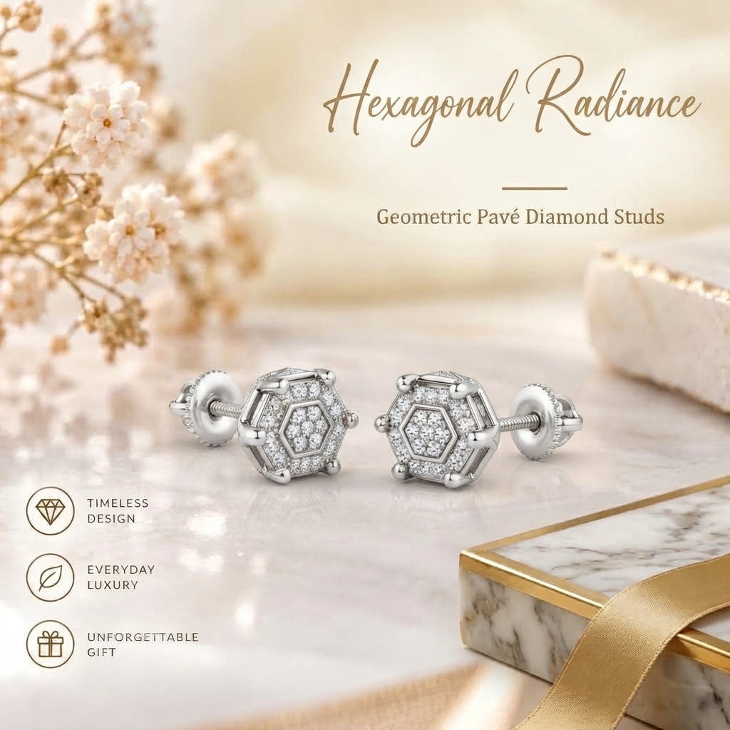 King Of Bling's 0.10ct Diamond Stud Hexagon Earrings White 925 Sterling Silver For Men/ Women KING OF BLINGS