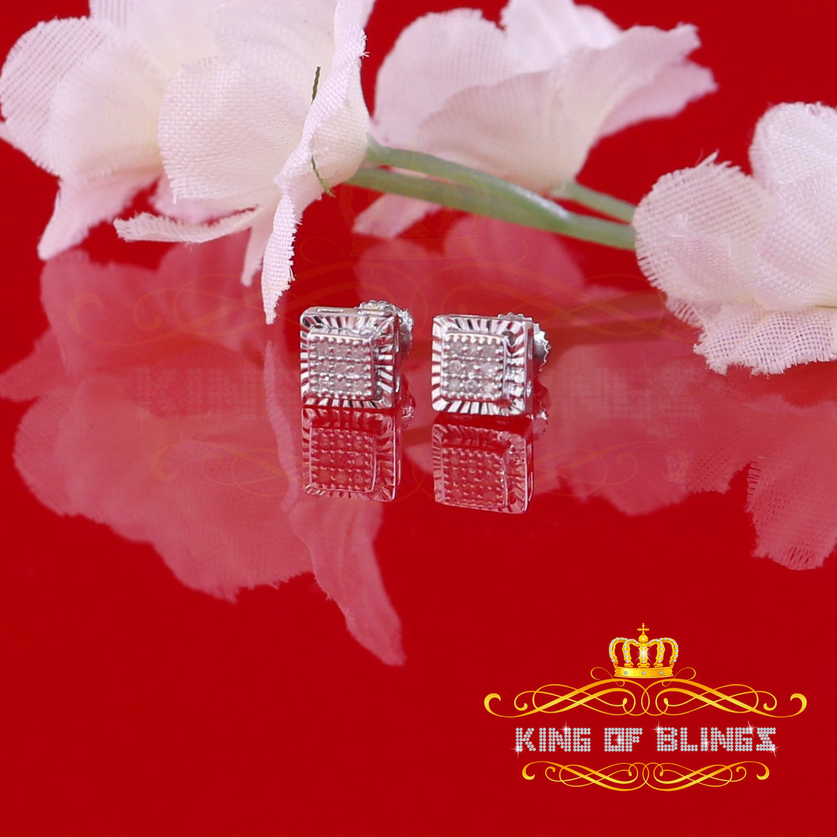 King Of Bling's 0.05ct Diamond For White 925 Sterling Silver Men's & Women's Square Earrings KING OF BLINGS