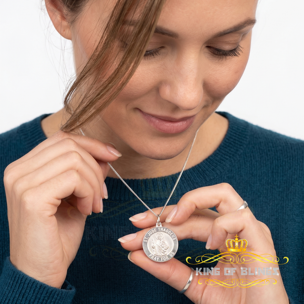 King Of Bling's 925 Sterling Silver Men's/Women's Saint Jude Thaddeus Pendant White Religious