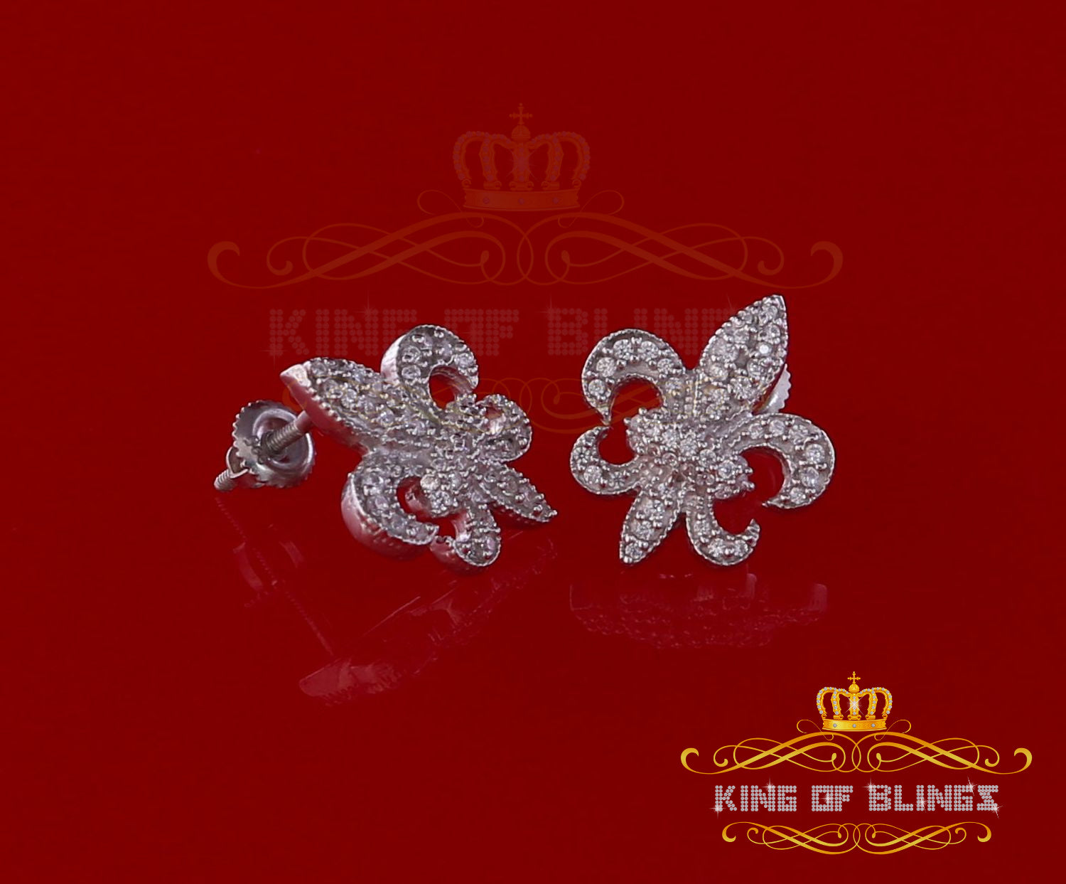 King of Blings- Fleur de Lis White 925 Silver Screw Back 0.96ct Cubic Zirconia Women's Earrings KING OF BLINGS