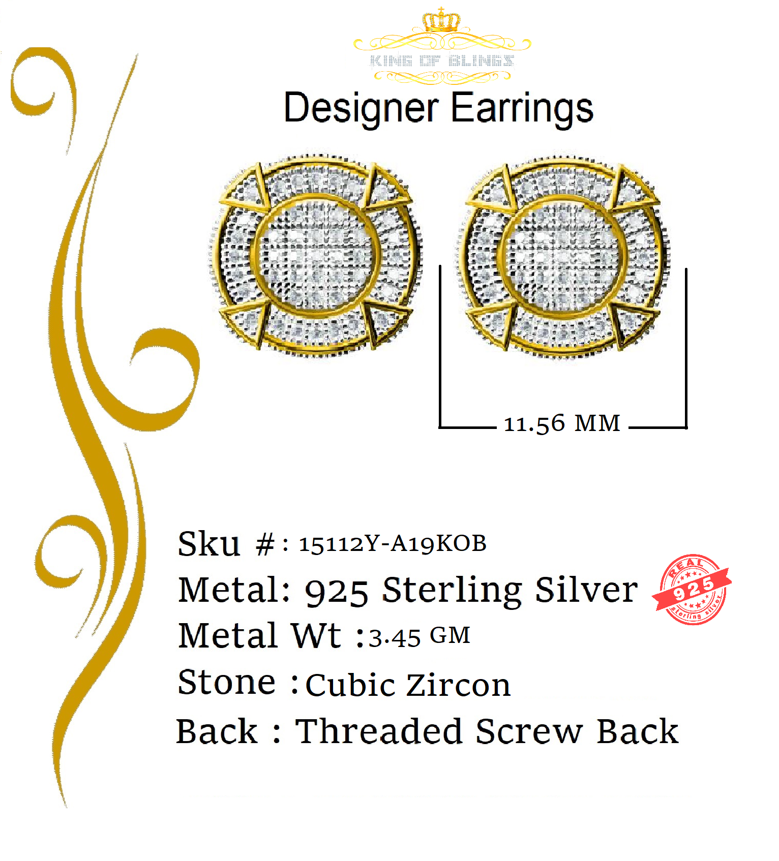 King of Bling's 925 Yellow Sterling Silver 1.46ct Cubic Zirconia Hip Hop Round Ladies Earrings KING OF BLINGS