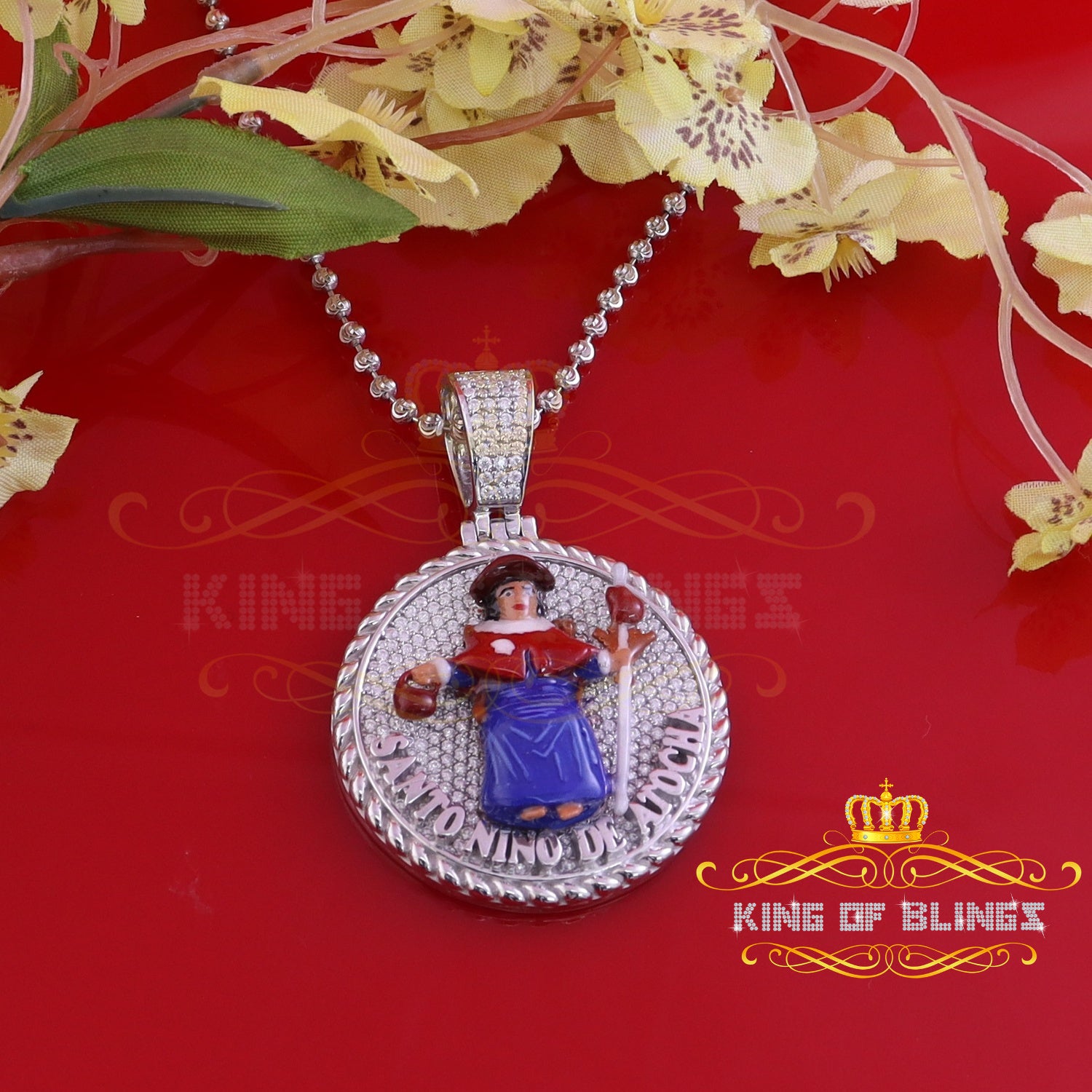 King Of Bling's Sterling Silver White "SANTO NINO DEATOCHA" Pendant with 3ct Genuine Moissanite KING OF BLINGS