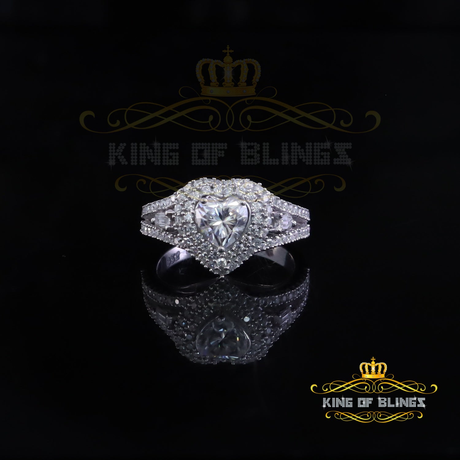 King of Bling's Heart Ring Size7 for Women White Silver 1.50ct VVS D with HEART Moissanite Stone King of Blings