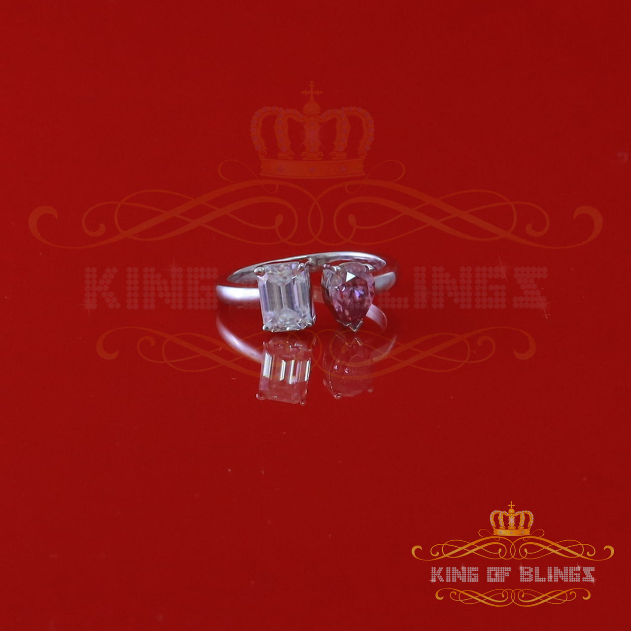 King of Bling's Women's Silver White VVS D 2.00CT Pink Moissanite Toi et Moi Engagement Ring SZ7