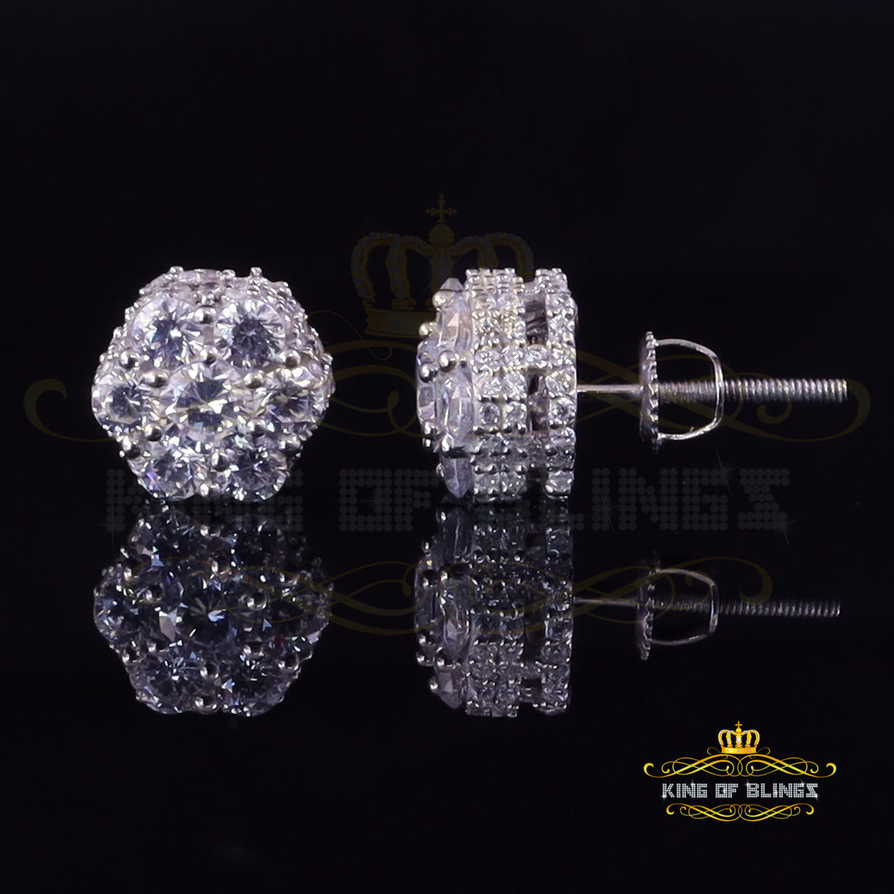 King of Blings- 1.50ct Cubic Zirconia 925 White Silver Sterling Hip Hop Floral Women's Earrings KING OF BLINGS