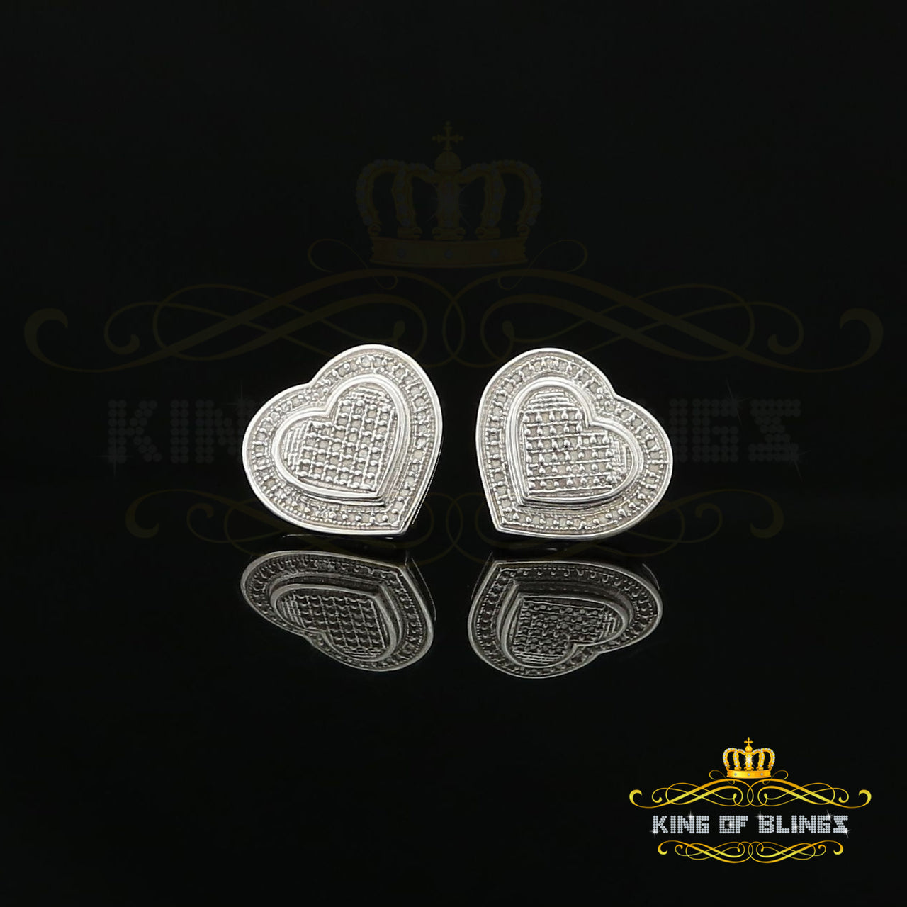 King Of Bling's Aretes Para Hombre 925 White Silver 0.33ct Diamond Women's Heart Style Earrings KING OF BLINGS