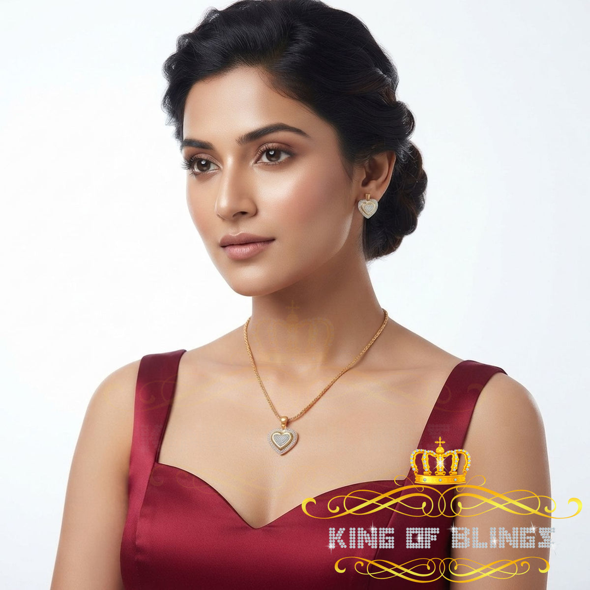King of Bling's 925Yellow Silver 0.50CT Diamond Double-Layer Concentric Heart Pendant&EarringSet King of Blings
