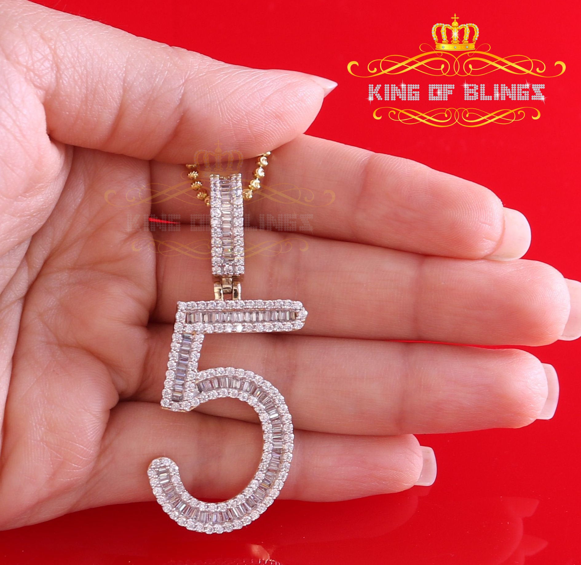 Yellow Sterling Silver Baguette Numeric Number '5' Pendant 4.78ct Cubic Zirconia KING OF BLINGS
