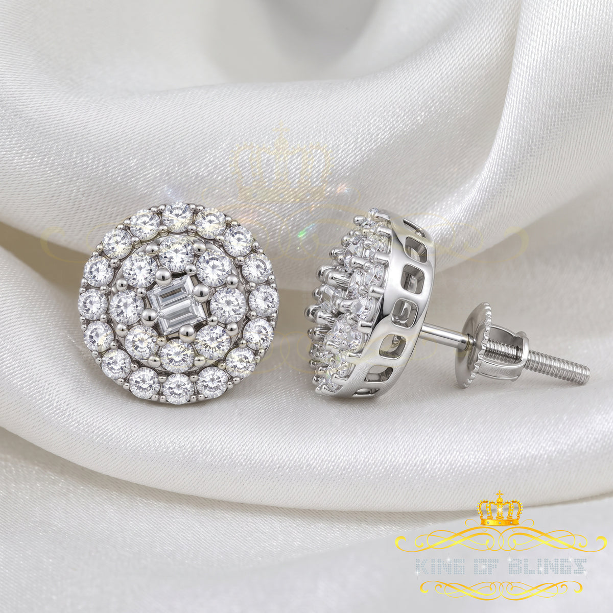 King of Bling's Aretes Para Hombre 925 White Silver 1.86ct Cubic Zirconia Round Women's Earrings KING OF BLINGS