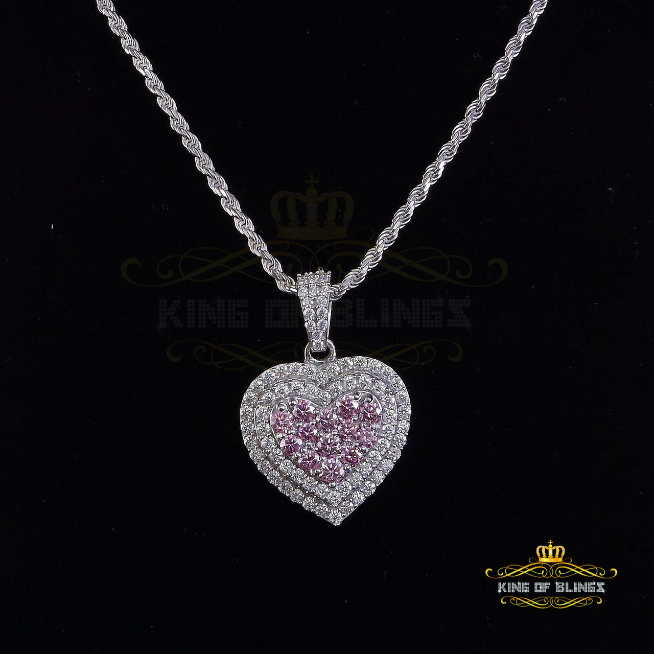King Of Bling's Women's 925 Silver White 11.00 ct VVS'D' Pink Moissanite 3D Double Heart Pendant