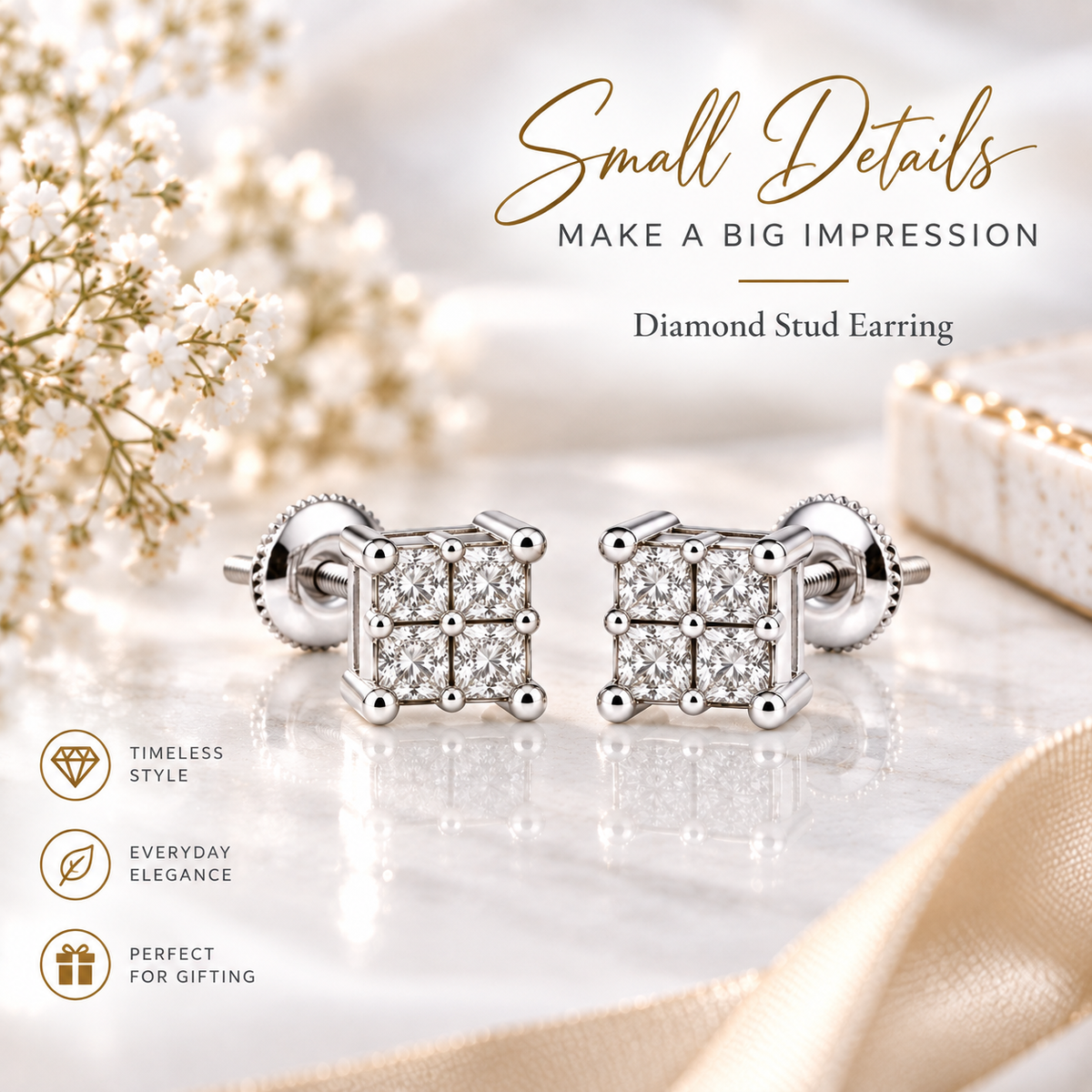 King Of Bling's 0.03ct Diamond Stud Earrings For Women White 925 Sterling Silver Stud For Men KING OF BLINGS