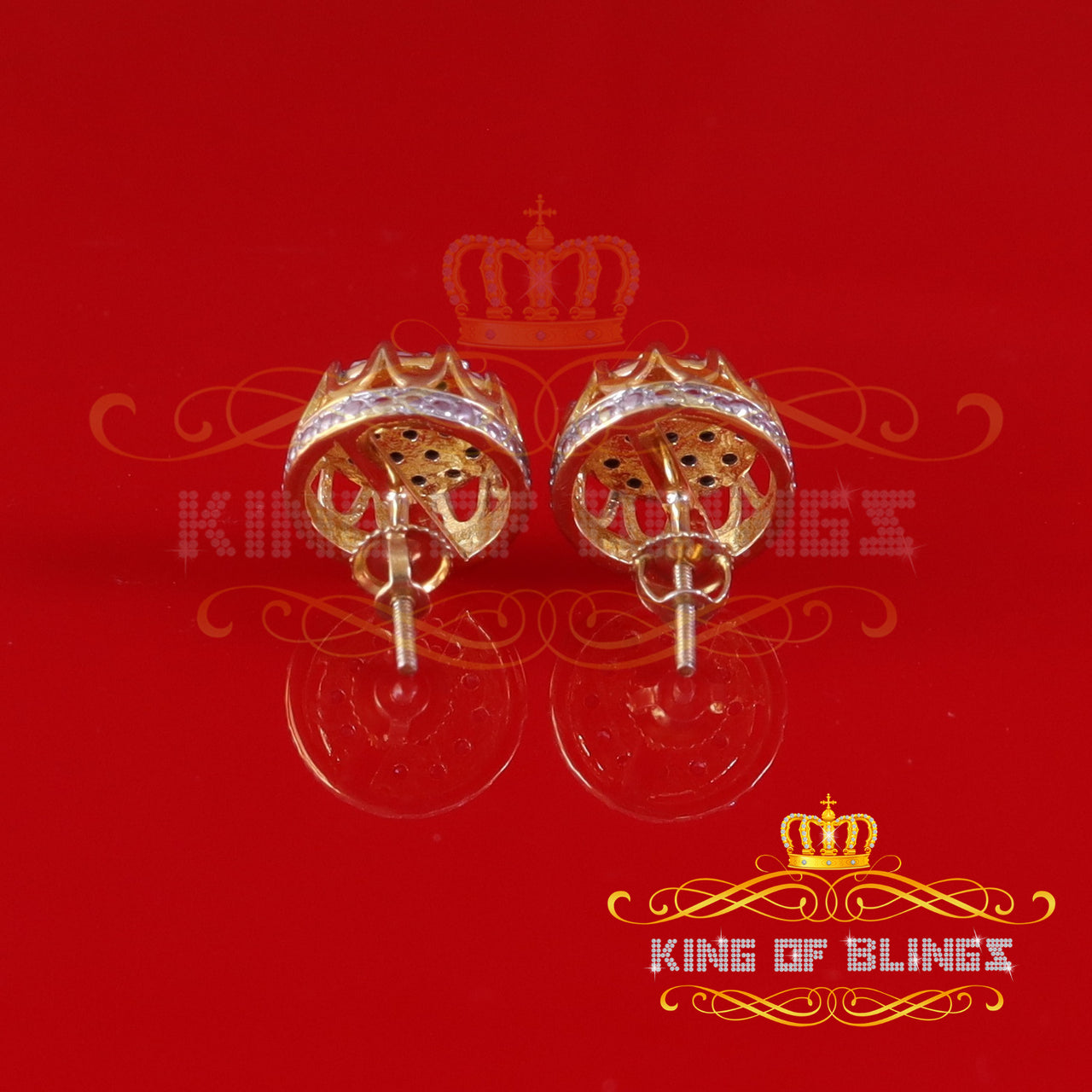 King of Blings-0.08ct Diamond 925 Sterling Yellow Silver for Men's & Womens Stud Crown Earrings KING OF BLINGS
