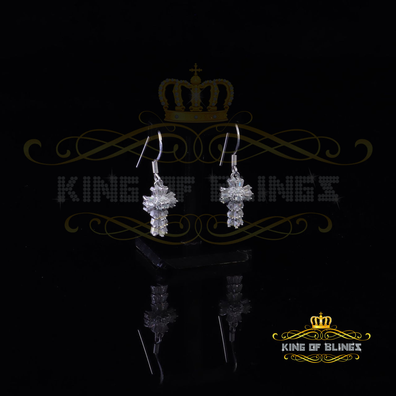 King of Bling's 1.00ct Moissanite White 925 Silver Women's Dangling Cross Fish Hook Earrings