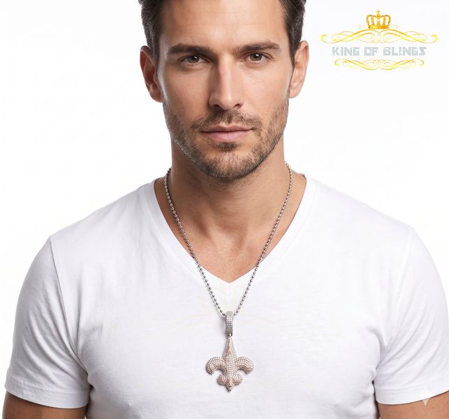 King Of Bling's Fancy 925 Sterling Silver Fleur de Lis White Pendant with 4.65ct Cubic Zirconia