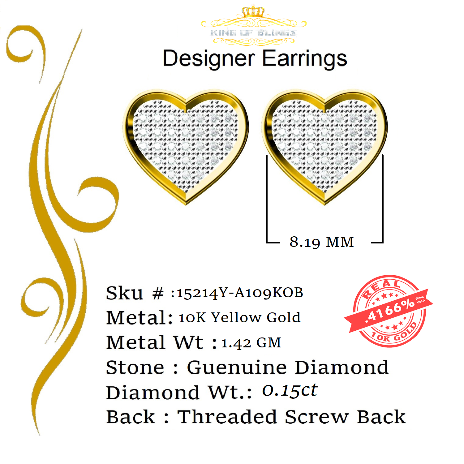 King Of Bling's 10K Real Yellow Gold with 0.15ct Diamond Heart Stud Earring For Women 's & Men's KING OF BLINGS