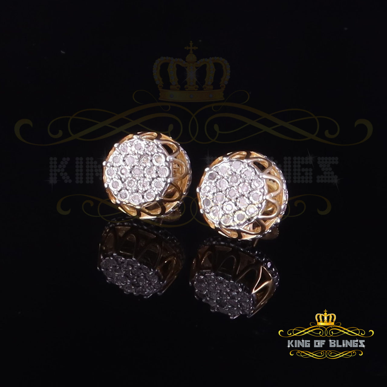 King of Blings-0.08ct Diamond 925 Sterling Yellow Silver for Men's & Womens Stud Crown Earrings KING OF BLINGS