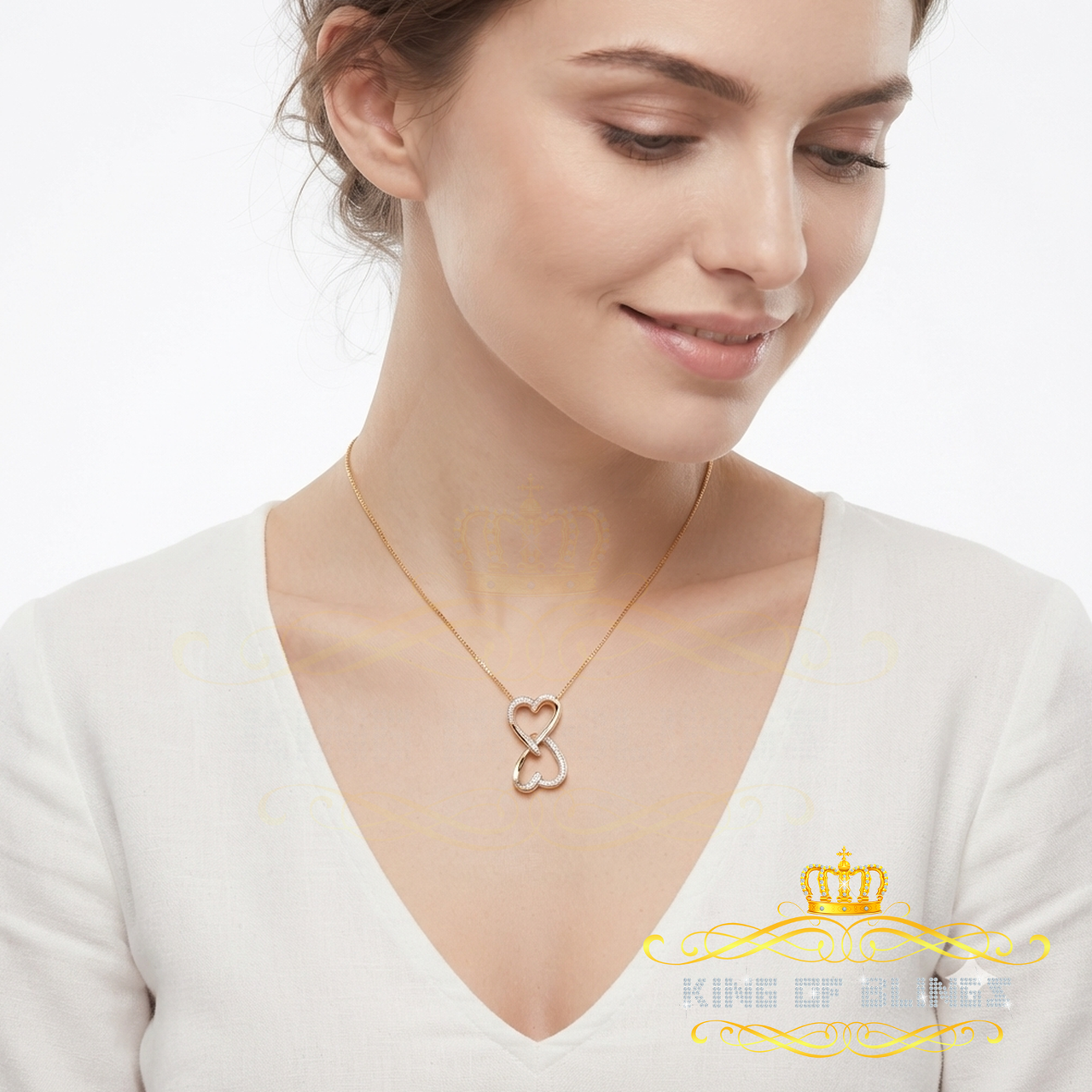 King Of Bling's Real 0.15 ct Diamond Sterling Silver Double Heart Charm Necklace Yellow Pendant KING OF BLINGS