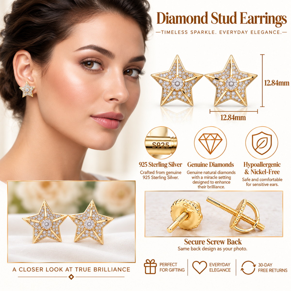 King Of Bling's 925 Sterling Silver Yellow 0.25ct Diamond For Women's / Men's Stud Star Earrings KING OF BLINGS