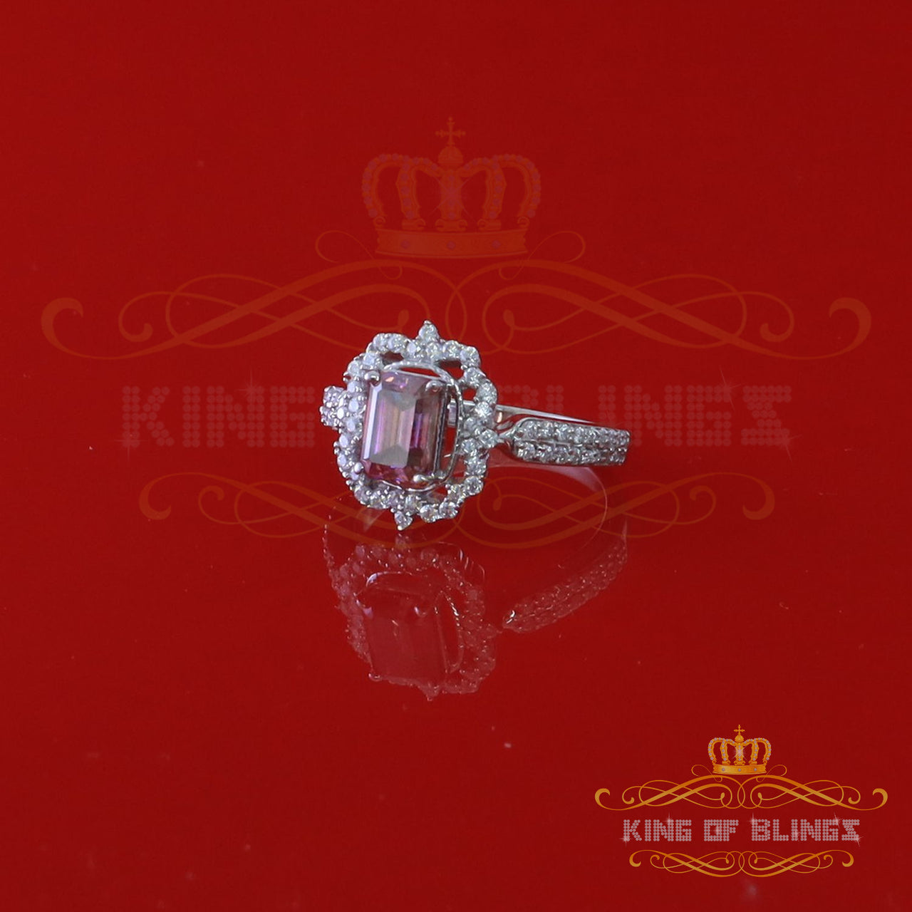 King of Bling's 2.00CT Womens 925 Silver White VVS D Pink Moissanite Emerald Engagement Ring SZ7