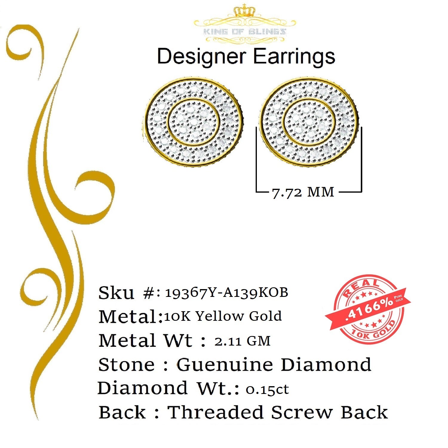 King Of Bling's 10K Real Yellow Gold Real Diamond 0.15CT Men's/Women's Round Stud Micro Earring KING OF BLINGS