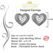 King of Blings- Aretes Para Hombre 925 White Silver 1.36ct Cubic Zirconia Heart Women's Earrings KING OF BLINGS