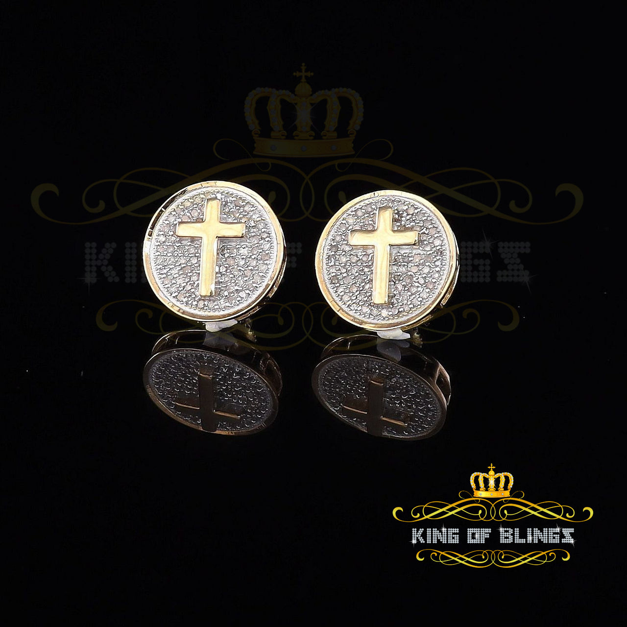 King of Blings-0.33ct Diamond 925 Sterling Silver Yellow Round Cross Earrings Men's / Women's