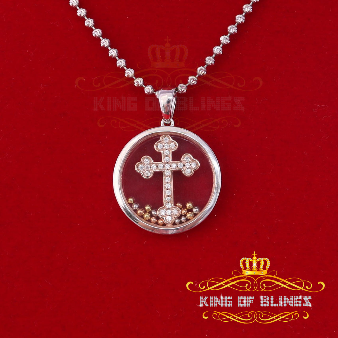 King Of Bling's Attractive White 925 Sterling Silver Round Cross Pendant with Cubic Zirconia
