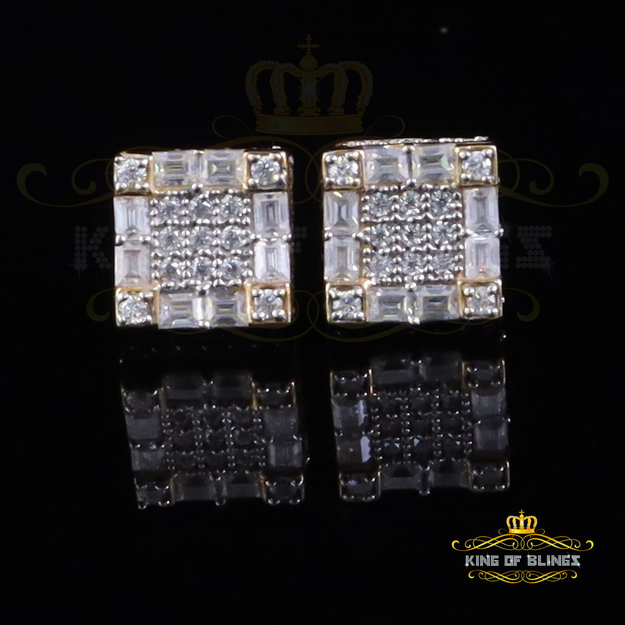 King  of Bling's 925 Yellow Silver 1.00ct VVS 'D' Moissanite Square Stud Earring Men's/Womens KING OF BLINGS