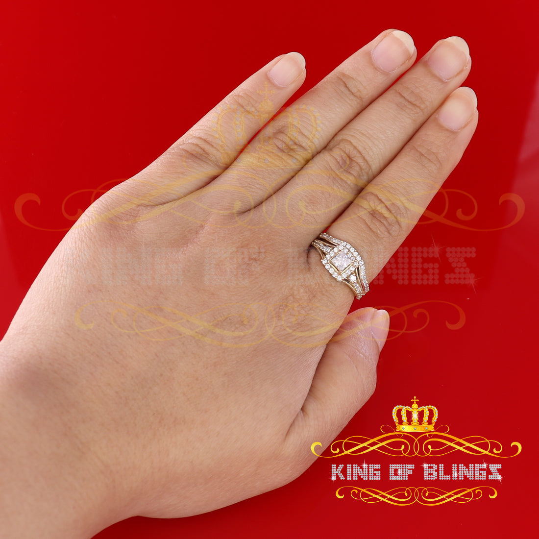 King Of Bling's 925 Sterling Yellow Silver 1.68ct Cubic Zirconia Square Bridal Womens Ring Size7