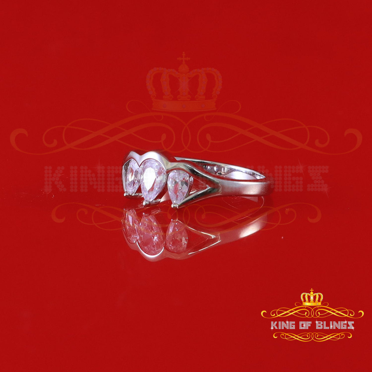 King Of Bling's0.75ct Pear Cut CZ Past present furture White Silver Womens Ring Size 7