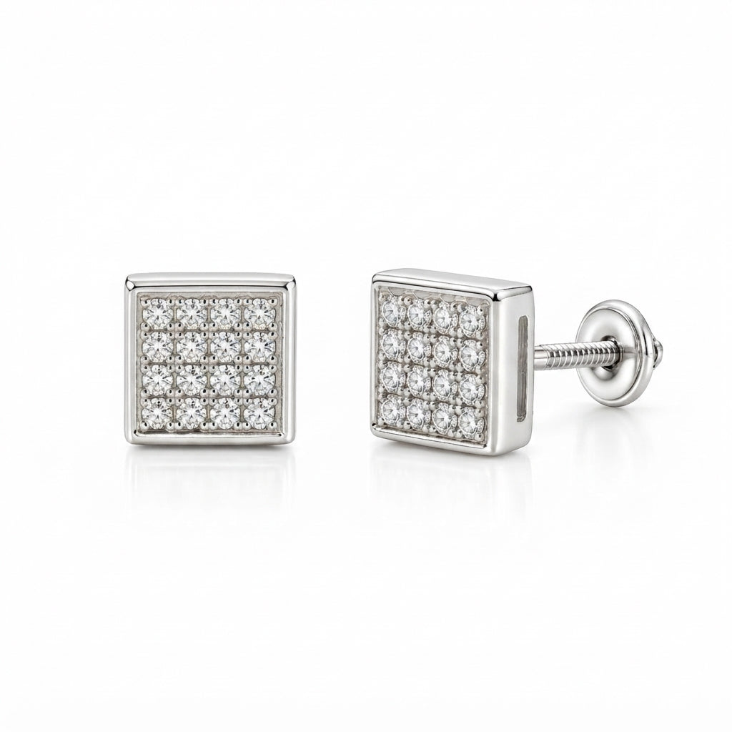 King Of Bling's 925 White Sterling Silver 0.15ct Diamond For Women's & Men's Square Earrings KING OF BLINGS