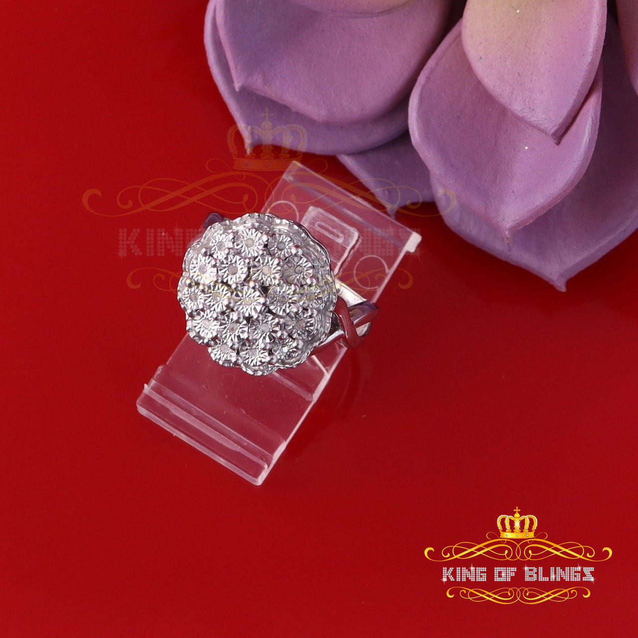 King Of Bling's 0.10CT Real Diamond 925 Sterling White Silver Womens Floral Ring Size 6.75