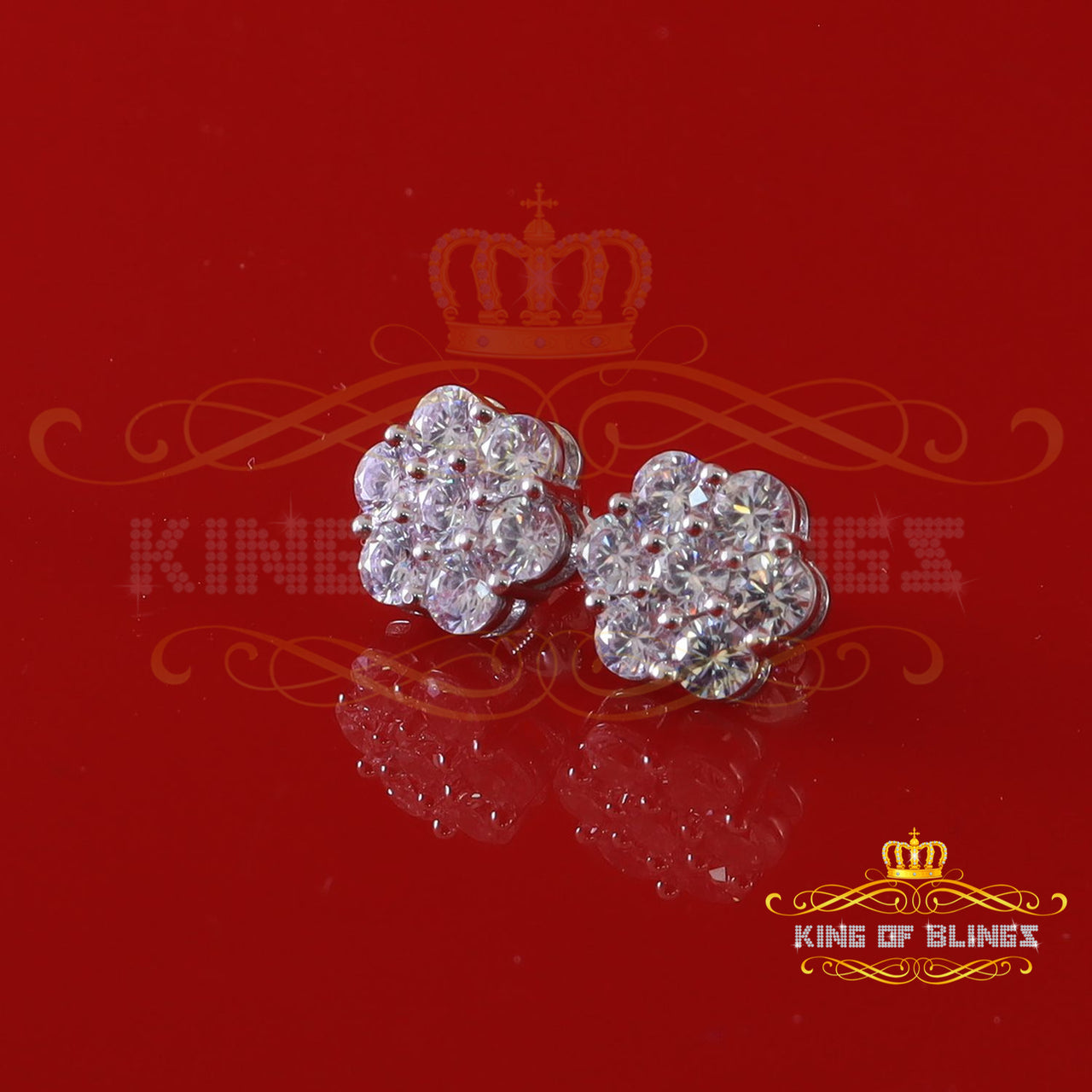 King of Bling's Cubic Zirconia 925 White 4.34ct Sterling Silver Women's Hip Hop Floral Earrings