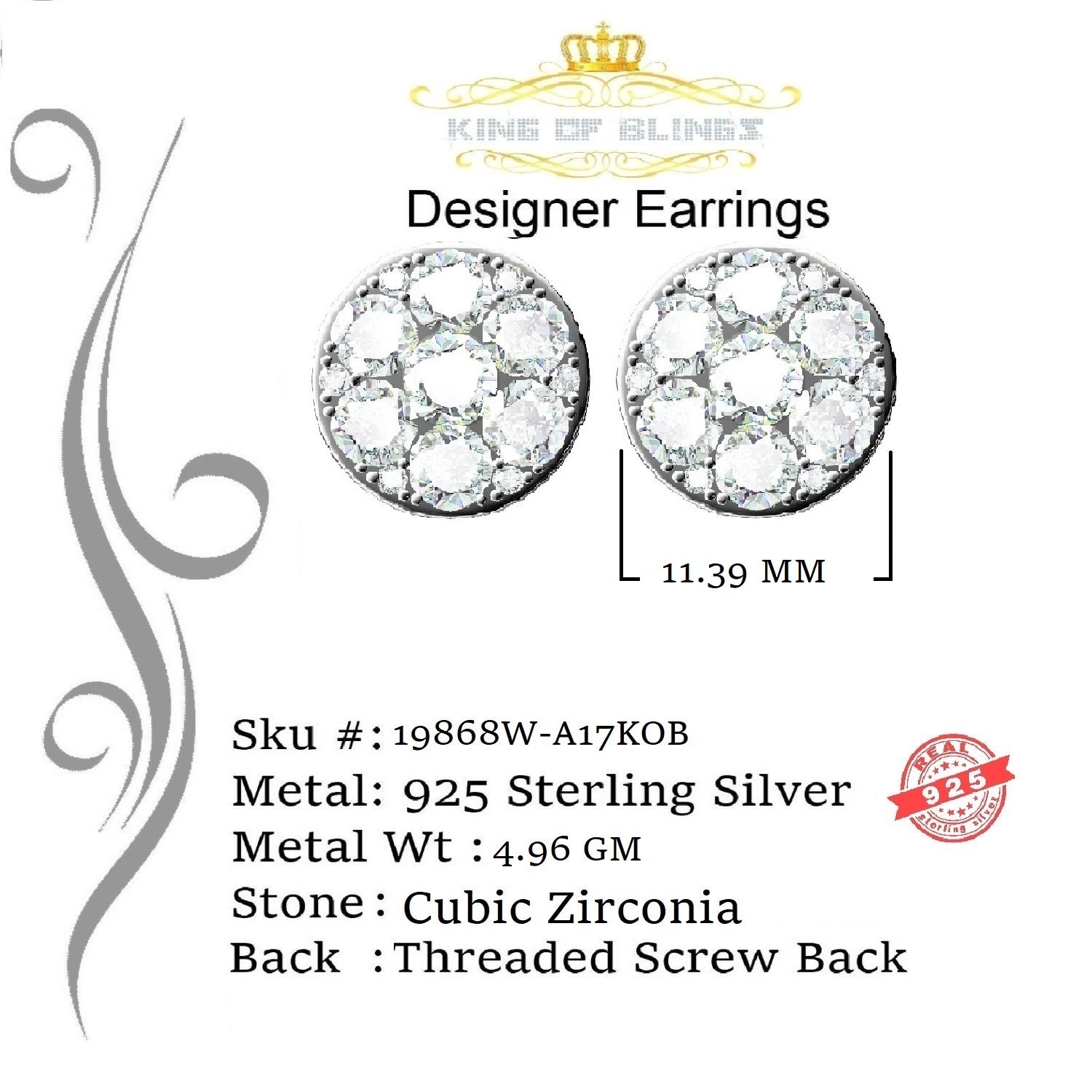 King of Blings- Aretes Para Hombre 925 White Silver 5.56ct Cubic Zirconia Women Round Earrings KING OF BLINGS