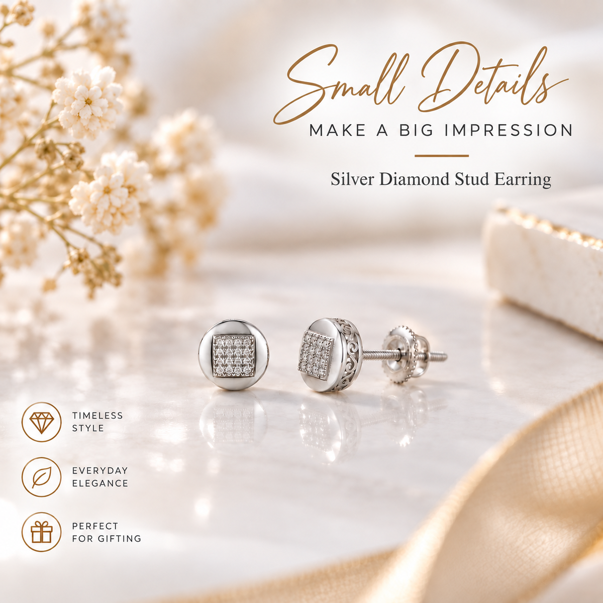 King Of Bling's 0.10ct Diamond 925 Sterling Silver White For Women's & Men's Round Stud Earring KING OF BLINGS