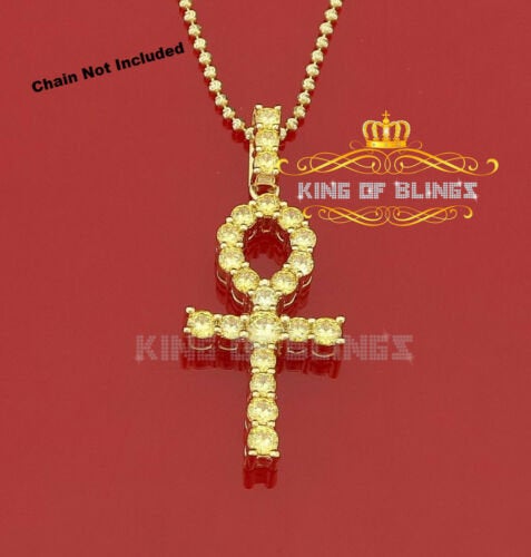 Promising Yellow 925 Sterling Silver ANKH Shape Pendant 7.60ct Cubic Zirconia KING OF BLINGS