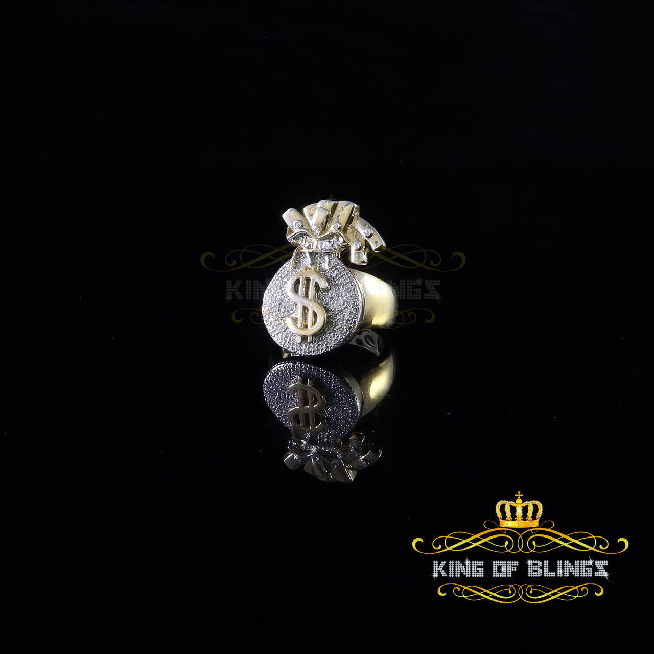 King Of Bling's 0.25 CT Real Diamond Money Bag 925 Sterling Silver Yellow Men's Ring Size 10.5