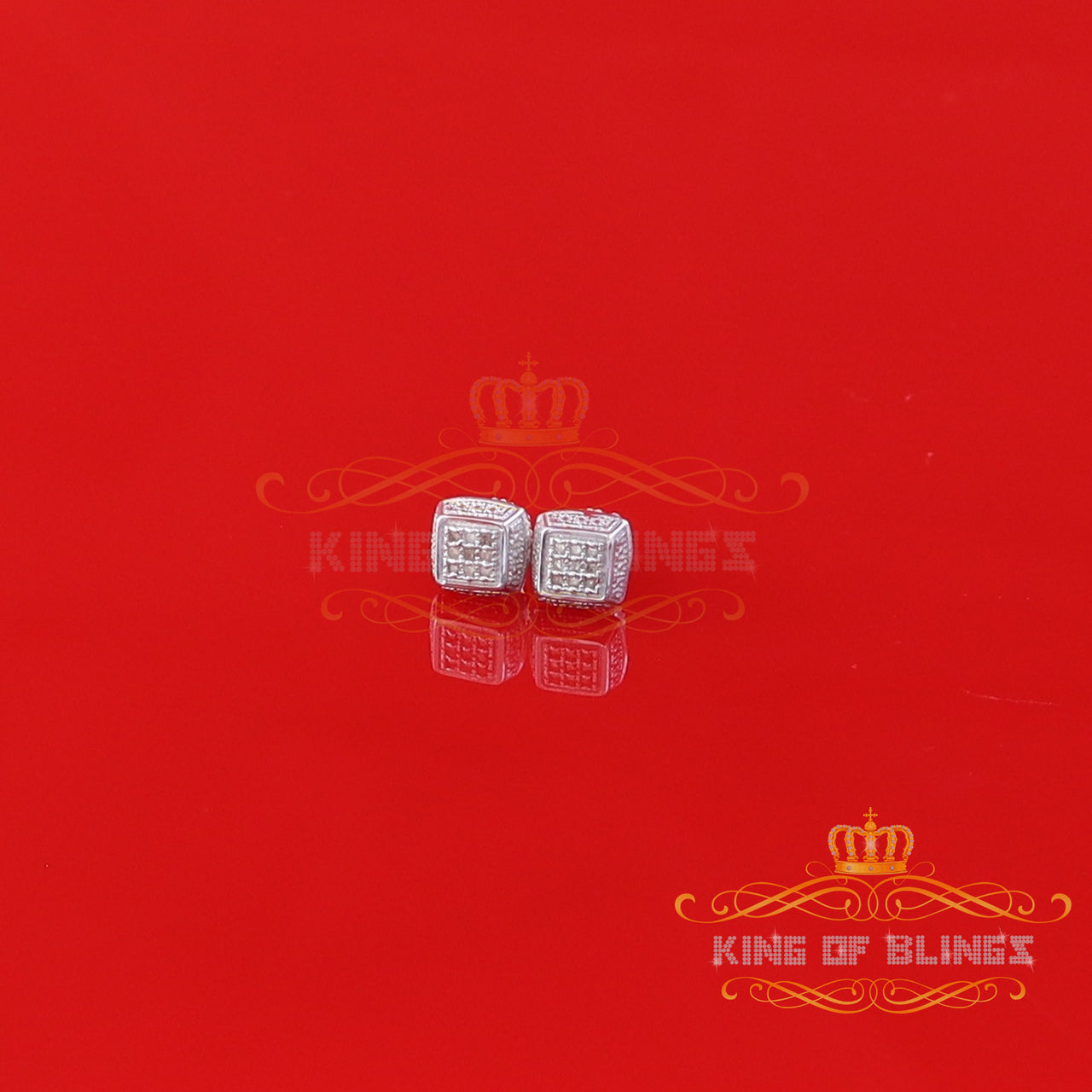 King Of Bling's 0.05ct Diamond Square Earrings For Women White 925 Sterling Silver Stud For Men
