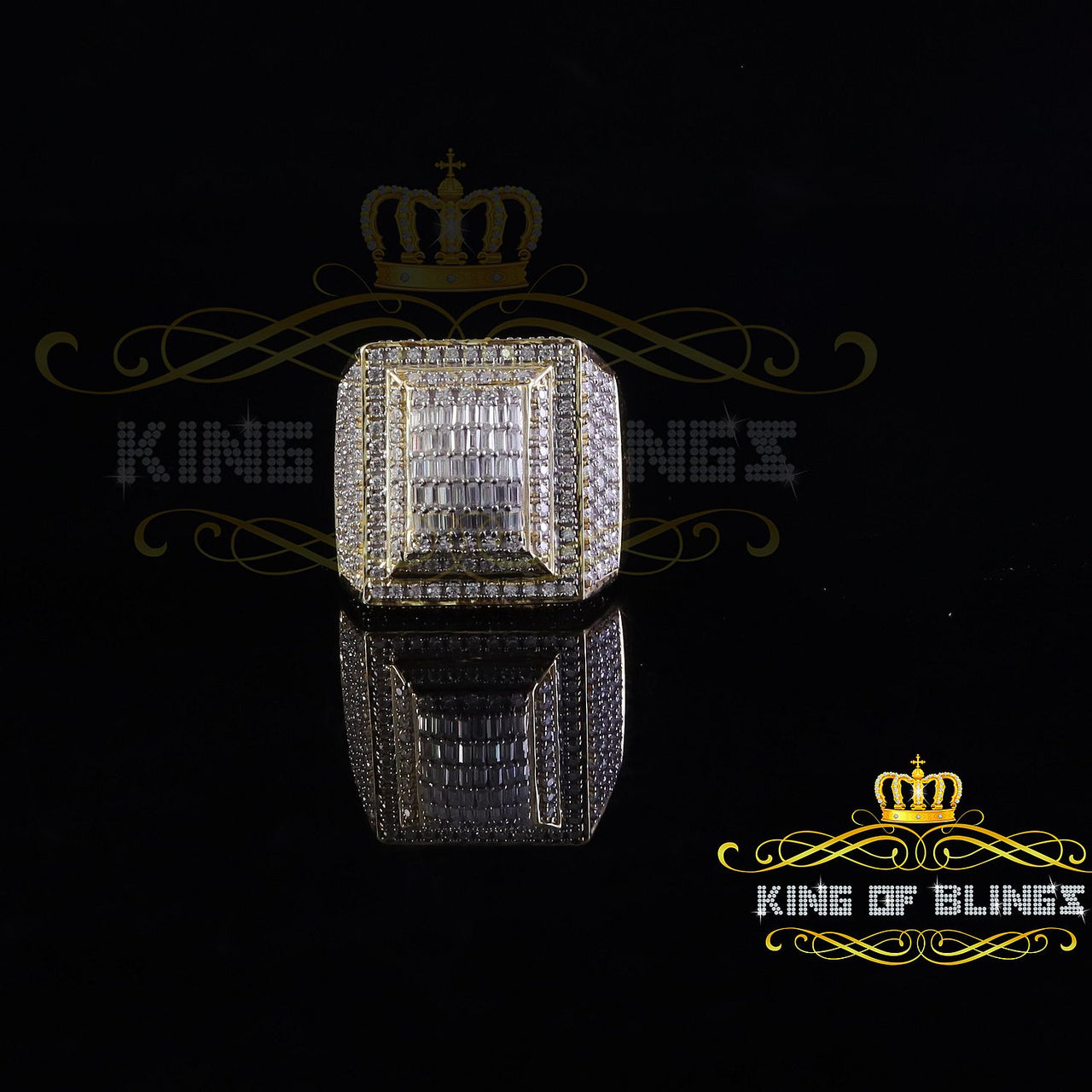 King of Bling's Men's baguette 925 Yellow Silver 4.00ct VVS 'D' Moissanite 3D Square Rings SZ 10